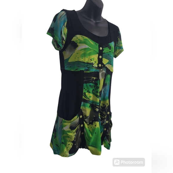 2 FOR💲1️⃣ ARDOISE Vibrantly Coloured Abstract Short-slv Tunic Top Sheer Overlay - Picture 5 of 14